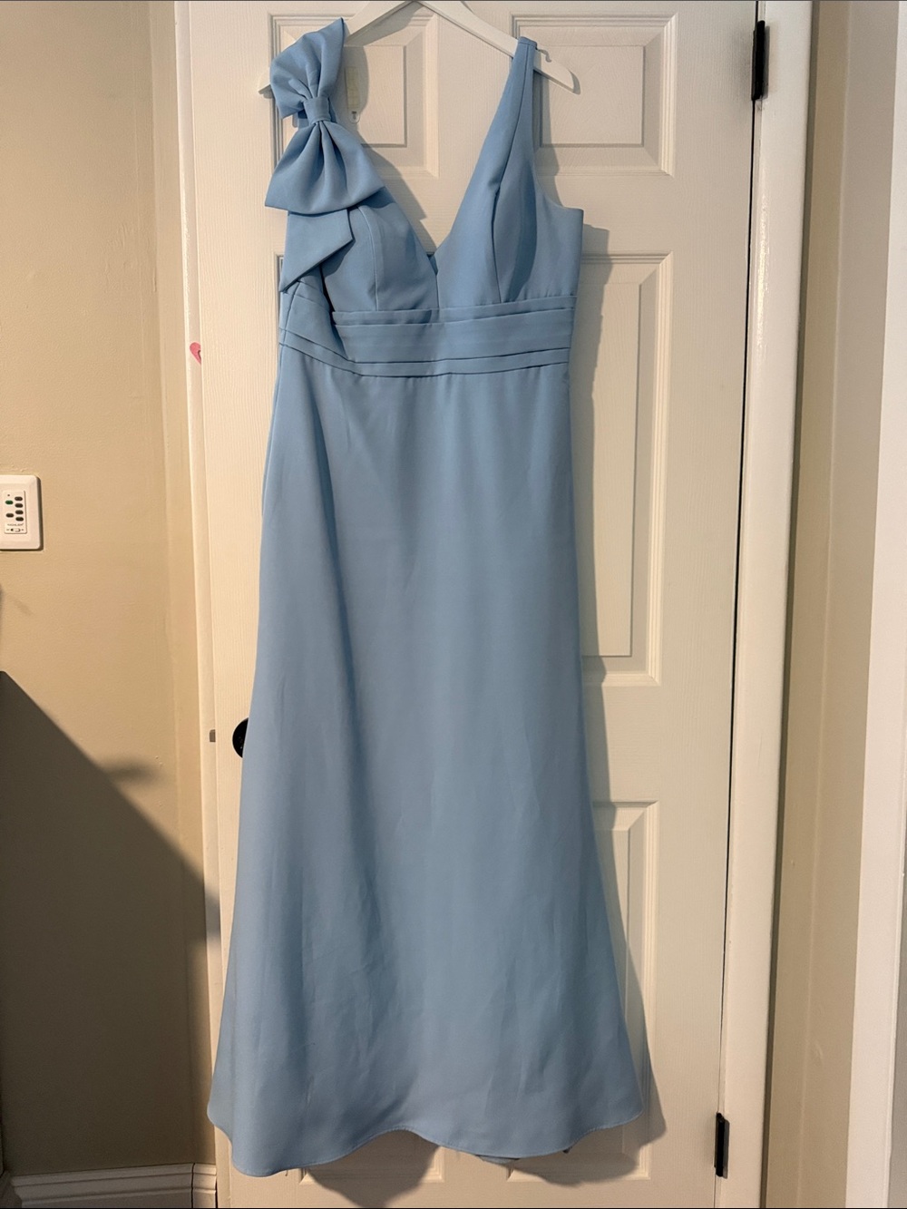 Mac Duggal Pale Blue One-Shoulder Bow Evening Gown